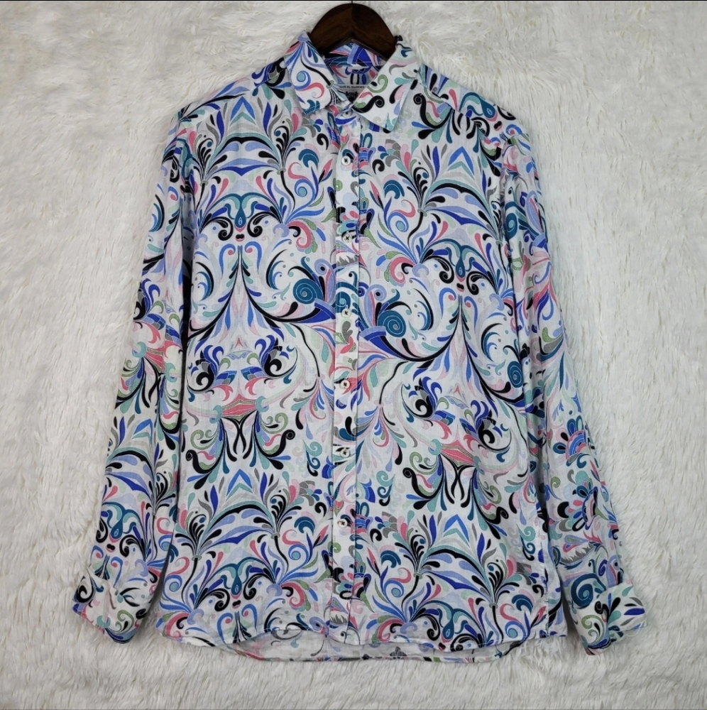 Marcel Massimo Men M 100% Linen Paisley Roll Tab Button Up Shirt Party Nightlife